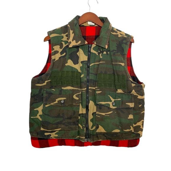 Vintage Game Winner Vest Camouflage Buffalo Plaid Reversible Hunting 80s- Medium - Picture 1 of 14